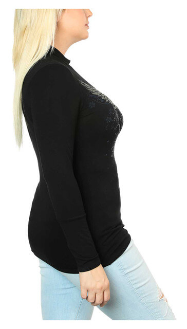 Embellished #1 Winged Mock Neck Long Sleeve Top