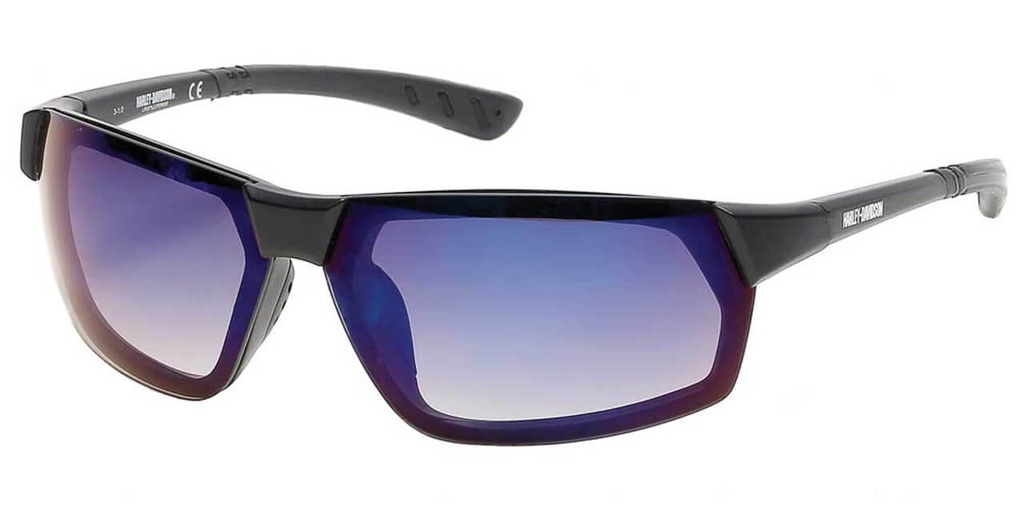 Geometric Metal Sunglasses, Black Frame/Blue Mirror Lenses