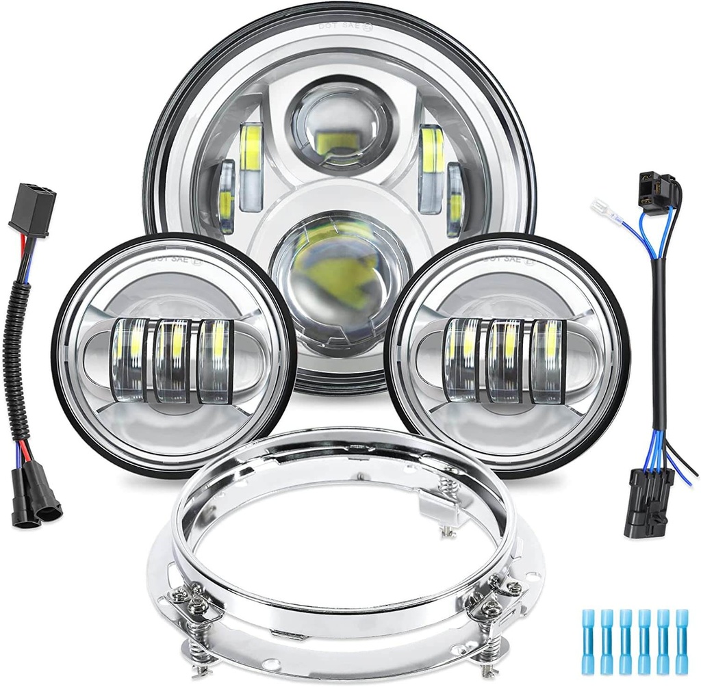 7&quot; LED Headlight with 4 1/2&quot; Passing Lamp Fog Lights Kit &amp; Ring Bracket for Harley