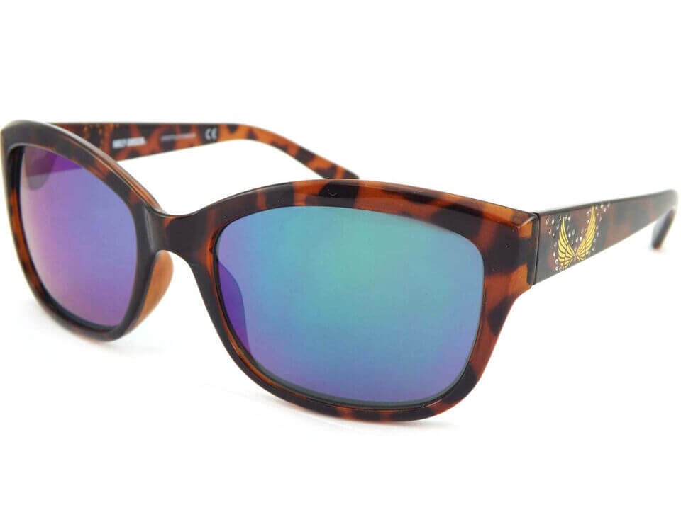 Women's Crystal Cat Eye Sunglasses, Brown Tortoise Frames, Purple Blue Mirror Lenses