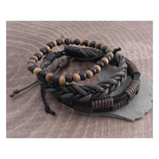 Rope Sliders &amp; Wood Bead Bracelet, Brown, 3-Pack