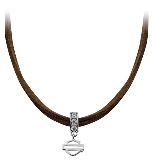 Crystal Bar &amp; Shield Charm Brown Leather Choker