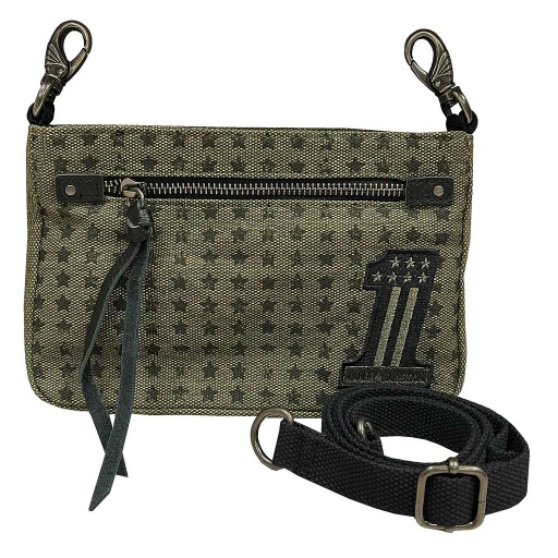 [WDD7376-OLIVE] Embroidered #1 Distressed Denim Hip Bag w/ Strap