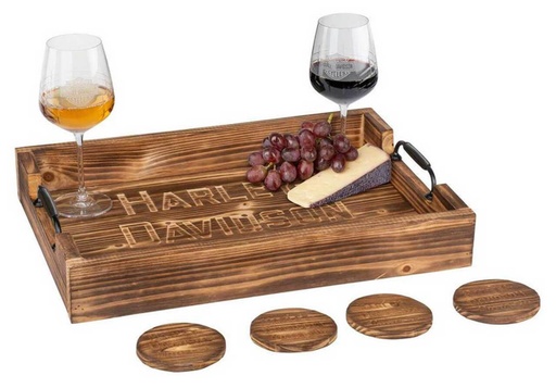 [HDL-18619] Motor Co. Solid Wood Serving Tray w/Four Coasters