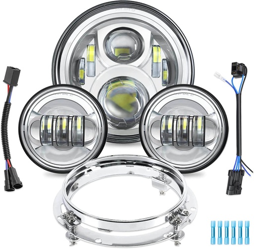 [XF2906307-B] 7&quot; LED Headlight with 4 1/2&quot; Passing Lamp Fog Lights Kit &amp; Ring Bracket for Harley