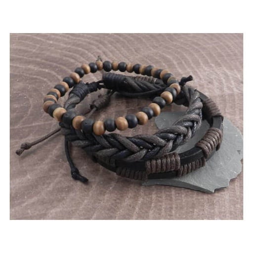 [938216] Rope Sliders &amp; Wood Bead Bracelet, Brown, 3-Pack