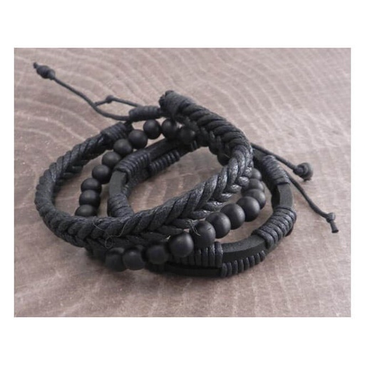 [938217] Rope Sliders &amp; Wood Bead Bracelet, Black, 3-Pack